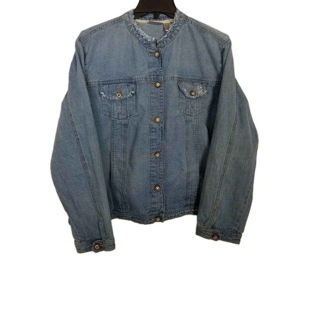 Chico's Women Jacket‎ Sz XL Blue Denim Rhinestone Embroidery Button Up Boho